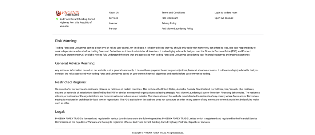 PHOENIX FOREX TRADEサイトフッター