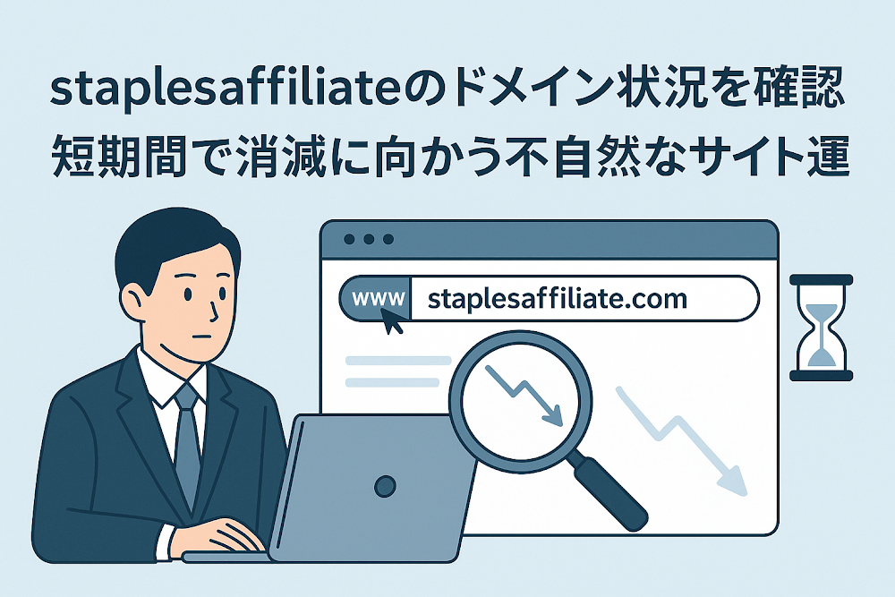 staplesaffiliateのドメイン状況を確認　短期間で消滅に向かう不自然なサイト運用