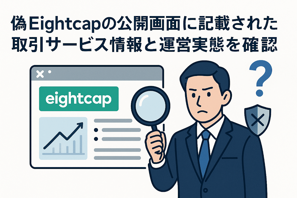 偽Eightcapの公開画面に記載された取引サービス情報と運営実態を確認