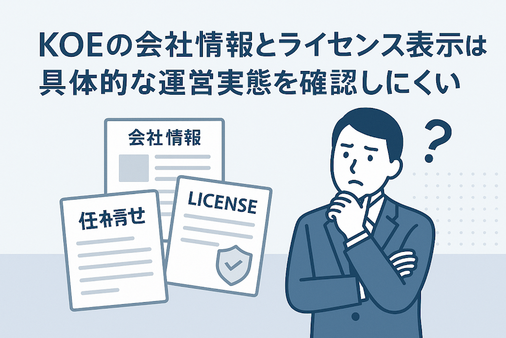 KOEの会社情報とライセンス表示は具体的な運営実態を確認しにくい