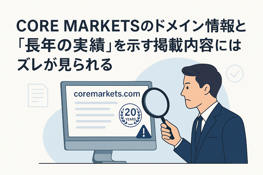 CORE MARKETSのドメイン情報と“長年の実績”を示す掲載内容にはズレが見られる