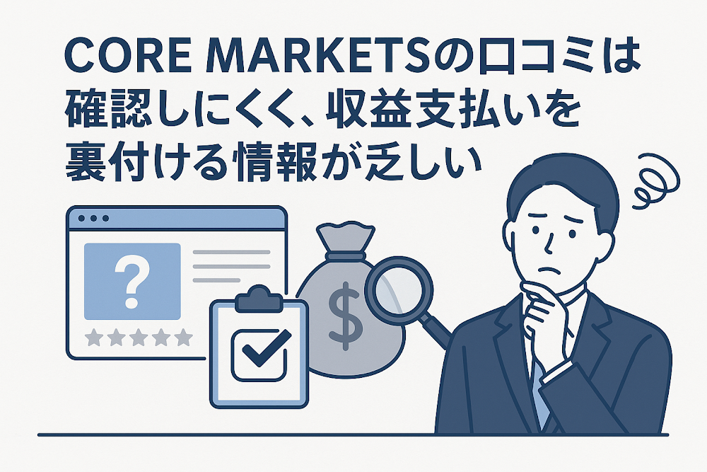 CORE MARKETSの口コミは確認しにくく、収益支払いを裏付ける情報が乏しい