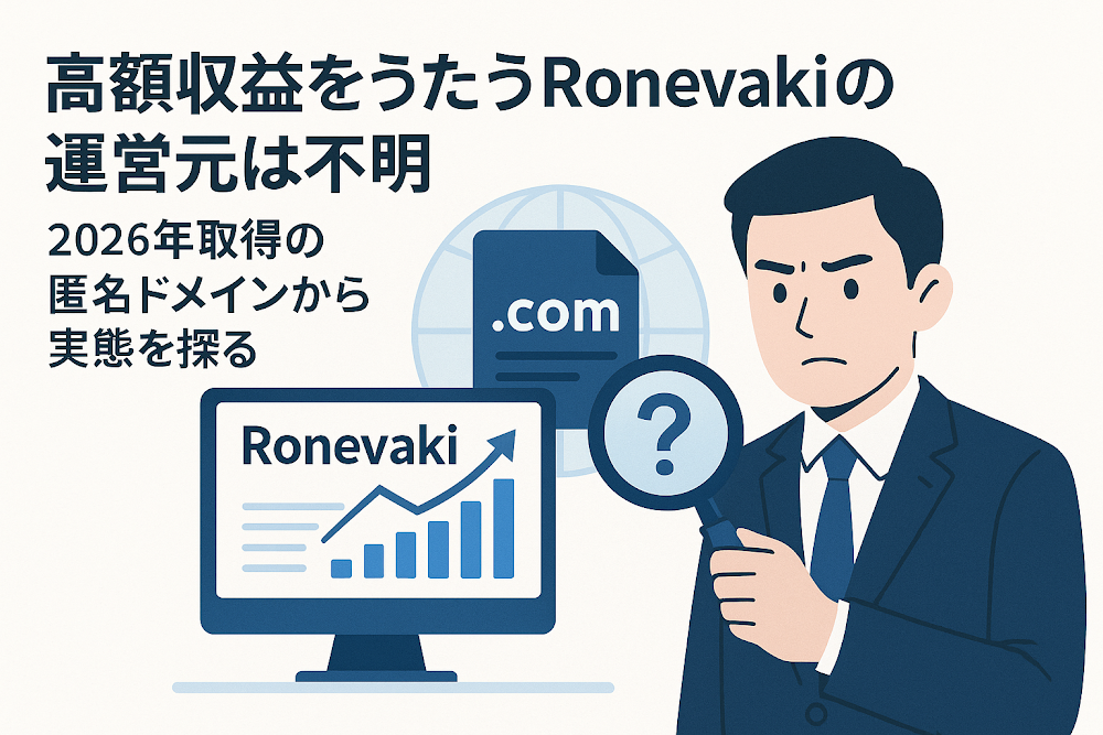 高額収益をうたうRonevakiの運営元は不明　2026年取得の匿名ドメインから実態を探る