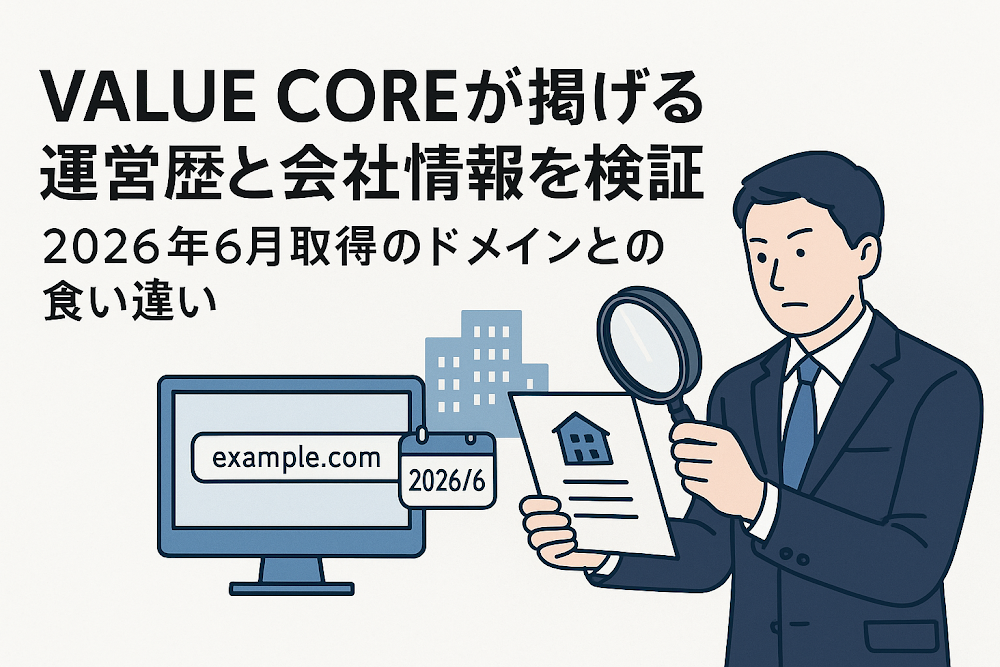 VALUE COREが掲げる運営歴と会社情報を検証　2026年6月取得のドメインとの食い違い
