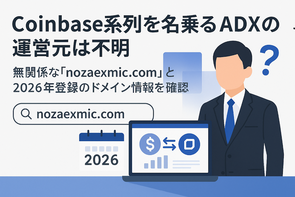 Coinbase系列を名乗るADXの運営元は不明 無関係な「nozaexmic.com」と2026年登録のドメイン情報を確認