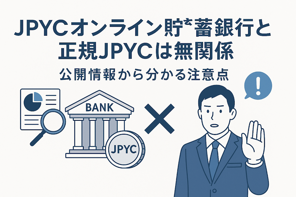 JPYCオンライン貯蓄銀行と正規JPYCは無関係　公開情報から分かる注意点