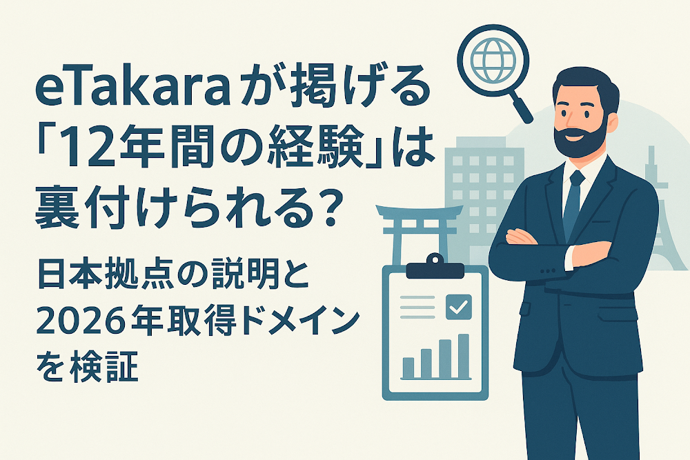 eTakaraが掲げる「12年間の経験」は裏付けられる？日本拠点の説明と2026年取得ドメインを検証