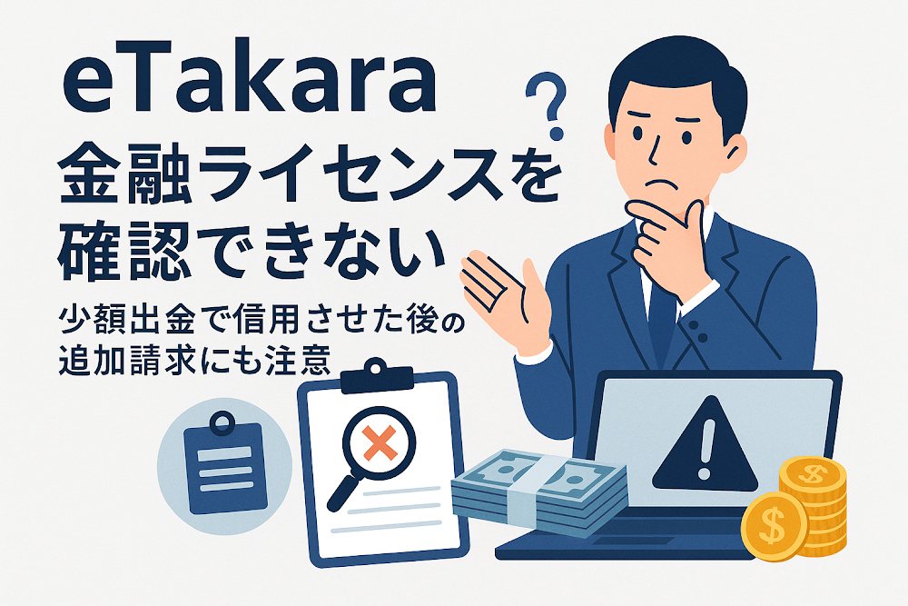 eTakaraは金融ライセンスを確認できない　少額出金で信用させた後の追加請求にも注意