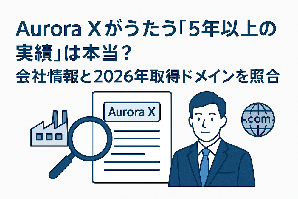 Aurora Xがうたう「5年以上の実績」は本当?会社情報と2026年取得ドメインを照合