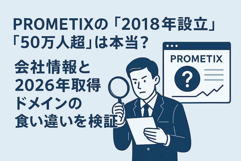 PROMETIXの「2018年設立」「50万人超」は本当?会社情報と2026年取得ドメインの食い違いを検証