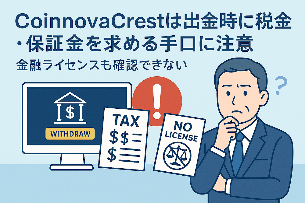 CoinnovaCrestは出金時に税金・保証金を求める手口に注意　金融ライセンスも確認できない