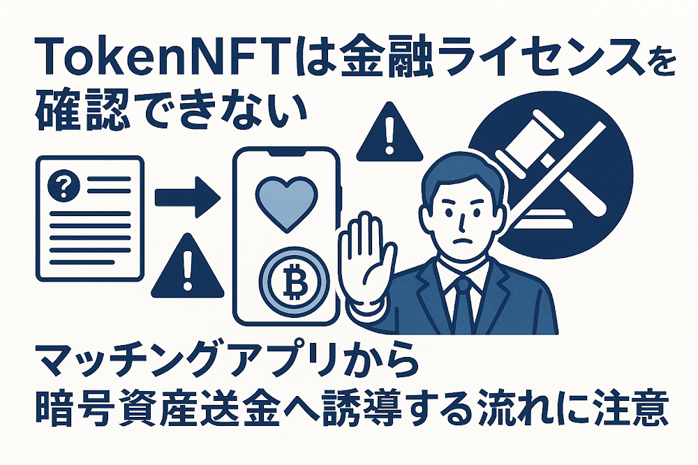 TokenNFTは金融ライセンスを確認できない　マッチングアプリから暗号資産送金へ誘導する流れに注意