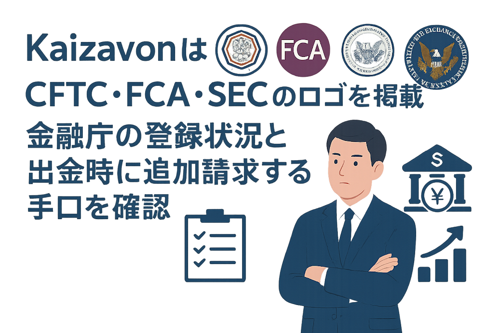 KaizavonはCFTC・FCA・SECのロゴを掲載　金融庁の登録状況と出金時に追加請求する手口を確認