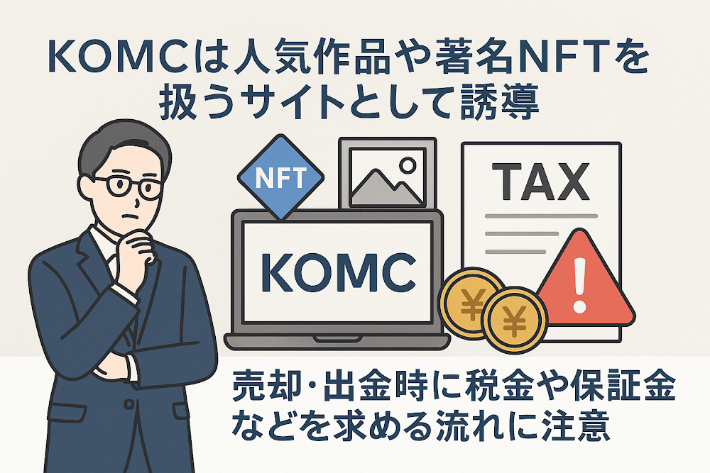 KOMCは人気作品や著名NFTを扱うサイトとして誘導 売却・出金時に税金や保証金などを求める流れに注意