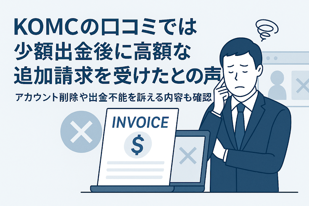 KOMCの口コミでは少額出金後に高額な追加請求を受けたとの声 アカウント削除や出金不能を訴える内容も確認