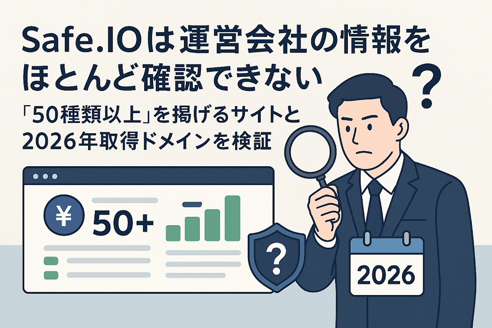 Safe.IOは運営会社の情報をほとんど確認できない　「50種類以上」を掲げるサイトと2026年取得ドメインを検証