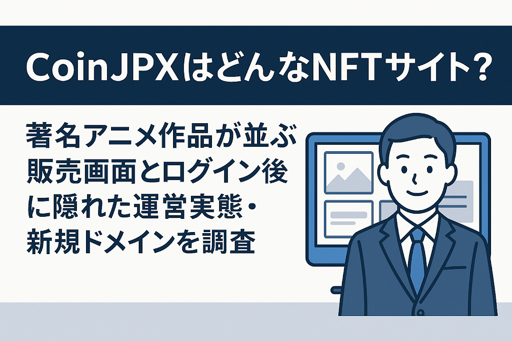 CoinJPXはどんなNFTサイト?著名アニメ作品が並ぶ販売画面とログイン後に隠れた運営実態・新規ドメインを調査