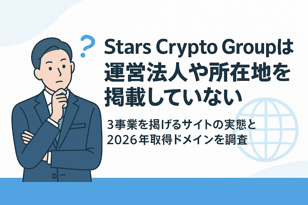 Stars Crypto Groupは運営法人や所在地を掲載していない 3事業を掲げるサイトの実態と2026年取得ドメインを調査