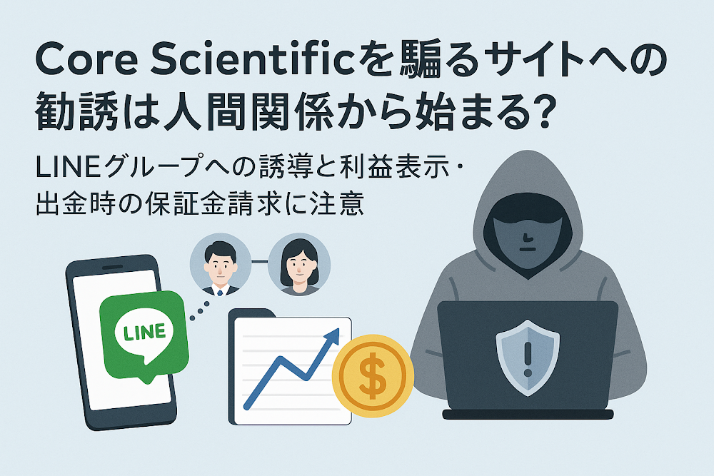 Core Scientificを騙るサイトへの勧誘は人間関係から始まる？LINEグループへの誘導と利益表示・出金時の保証金請求に注意