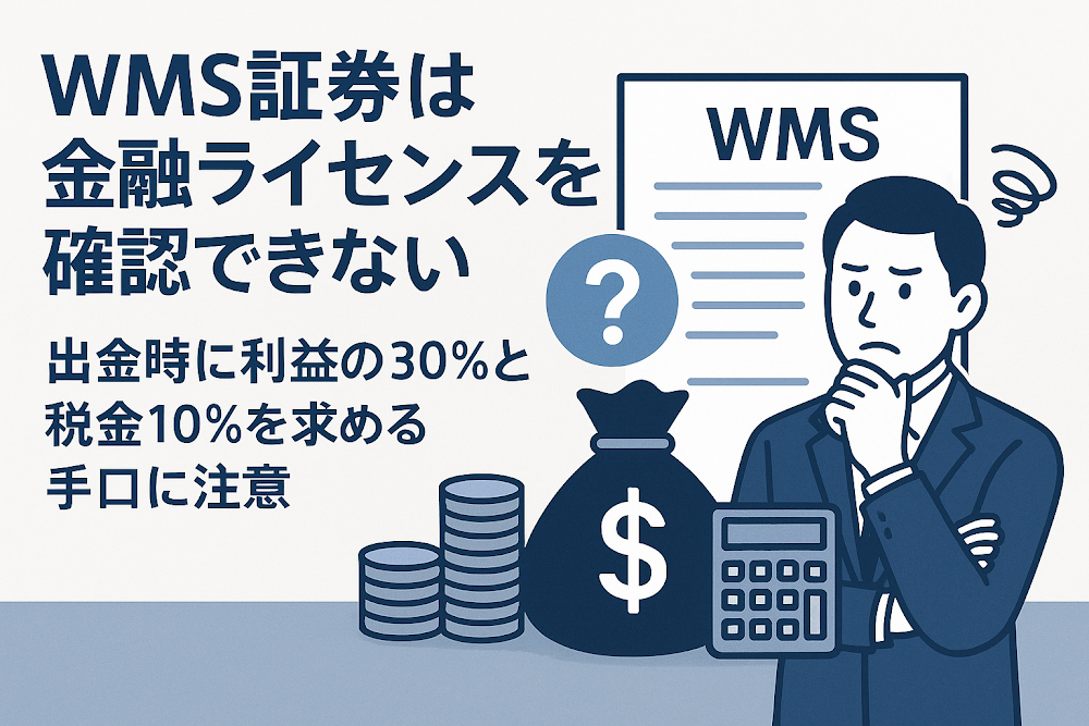 WMS証券は金融ライセンスを確認できない 出金時に利益の30%と税金10%を求める手口に注意