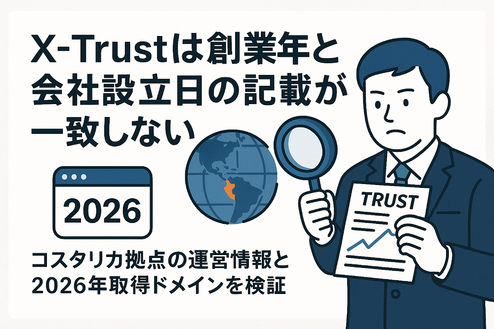 X-Trustは創業年と会社設立日の記載が一致しない　コスタリカ拠点の運営情報と2026年取得ドメインを検証