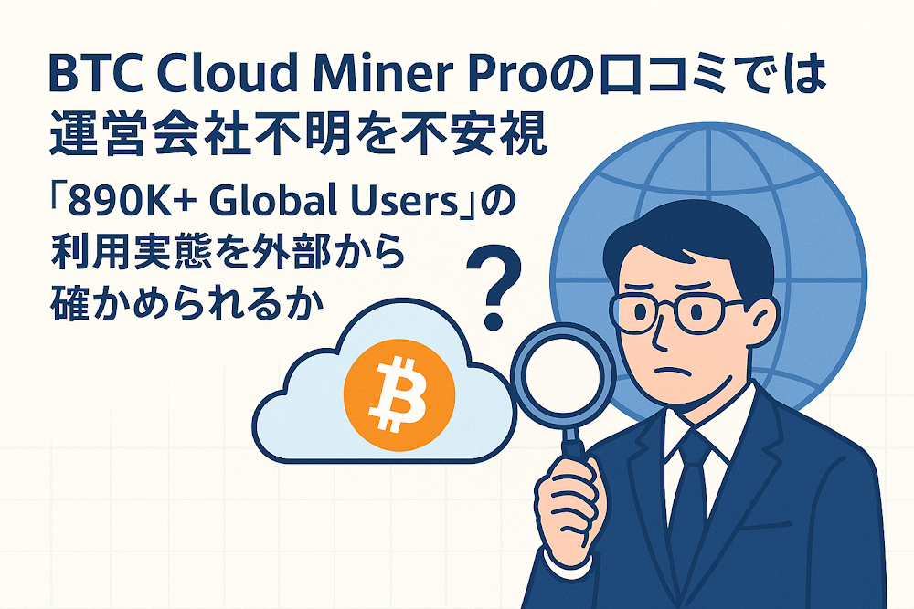 BTC Cloud Miner Proの口コミでは運営会社不明を不安視　「890K+ Global Users」の利用実態を外部から確かめられるか