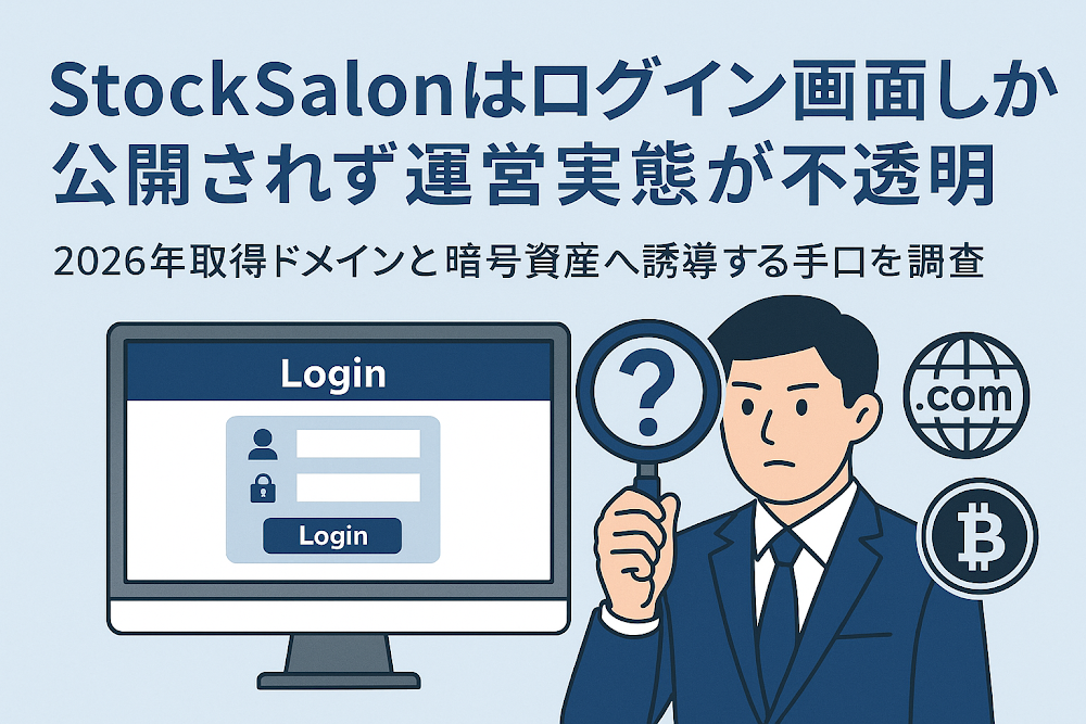StockSalonはログイン画面しか公開されず運営実態が不透明　2026年取得ドメインと暗号資産へ誘導する手口を調査