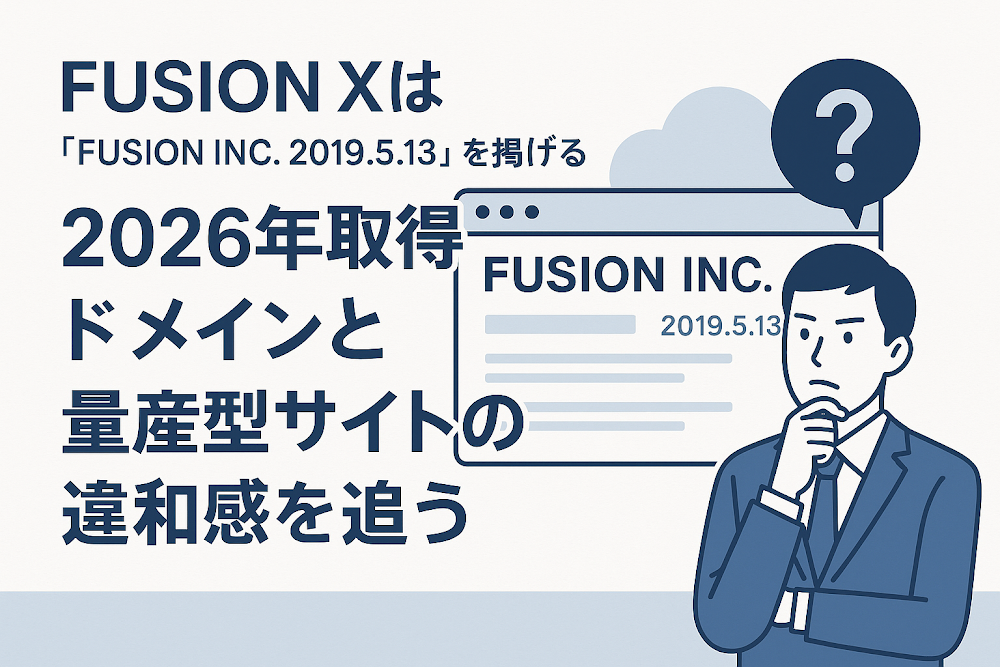 FUSION Xは「FUSION INC. 2019.5.13」を掲げる　2026年取得ドメインと量産型サイトの違和感を追う