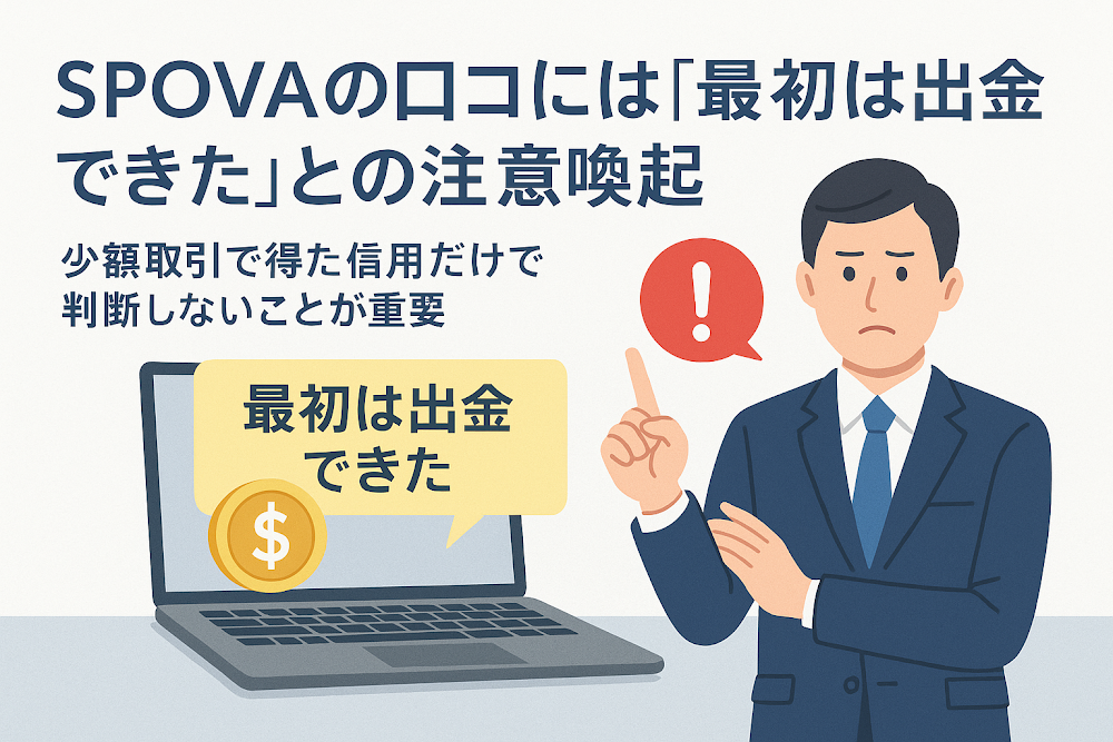 SPOVAの口コミには「最初は出金できた」との注意喚起　少額取引で得た信用だけで判断しないことが重要