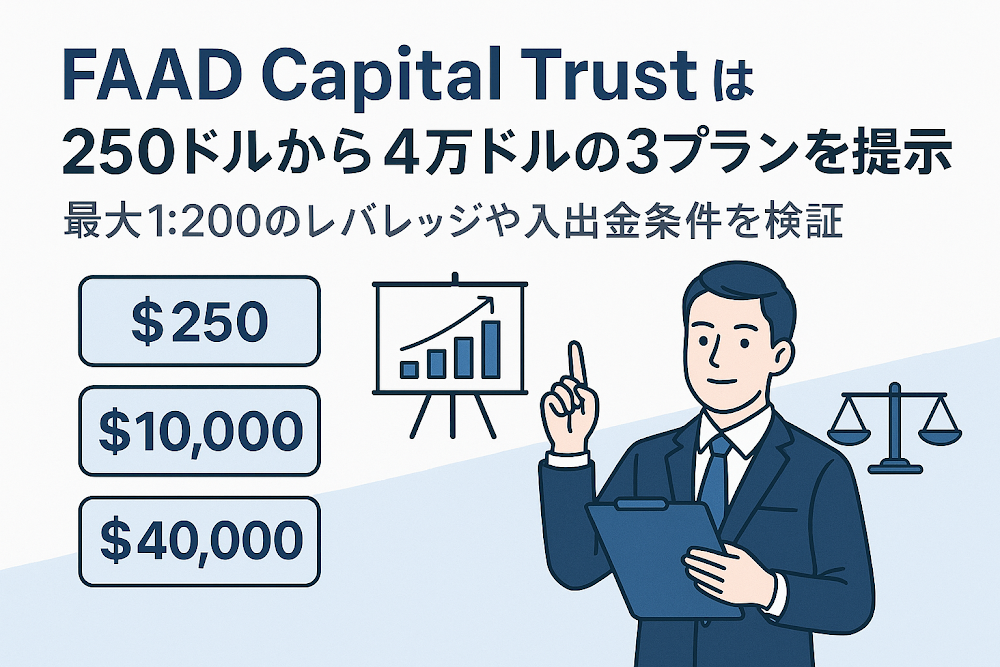 FAAD Capital Trustは250ドルから4万ドルの3プランを提示 最大1:200のレバレッジや入出金条件を検証