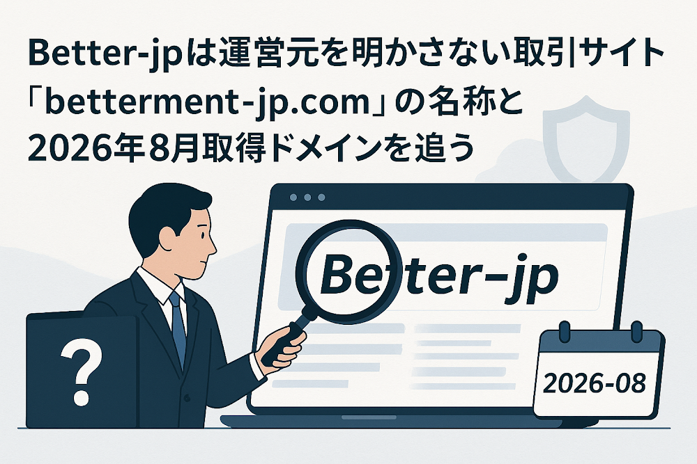 Better-jpは運営元を明かさない取引サイト 「betterment-jp.com」の名称と2026年8月取得ドメインを追う