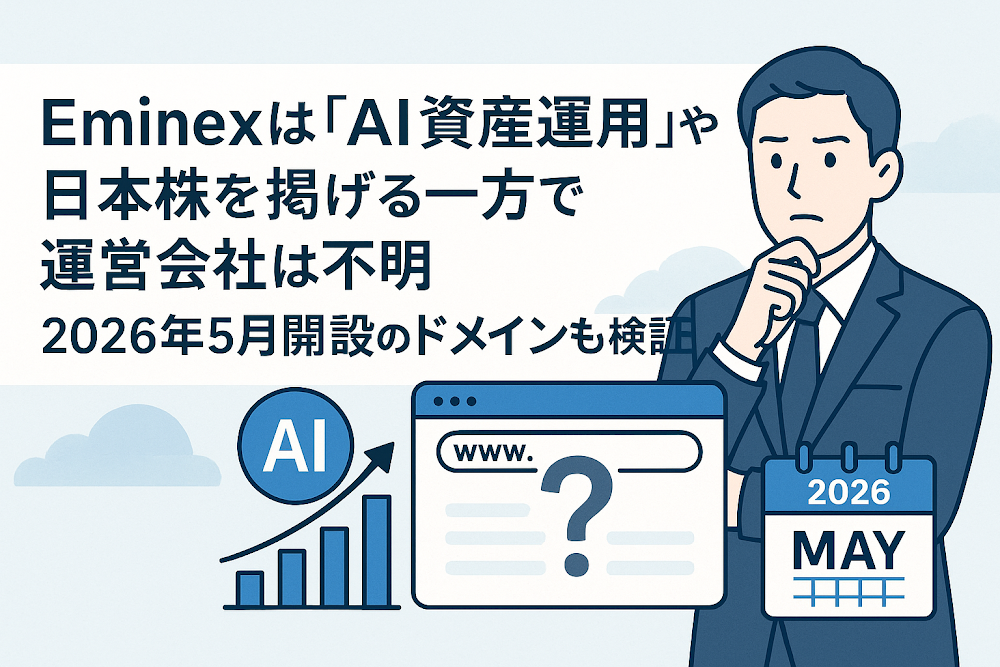 Eminexは「AI資産運用」や日本株を掲げる一方で運営会社は不明　2026年5月開設のドメインも検証