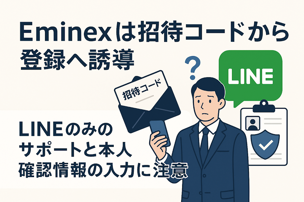 Eminexは招待コードから登録へ誘導　LINEのみのサポートと本人確認情報の入力に注意
