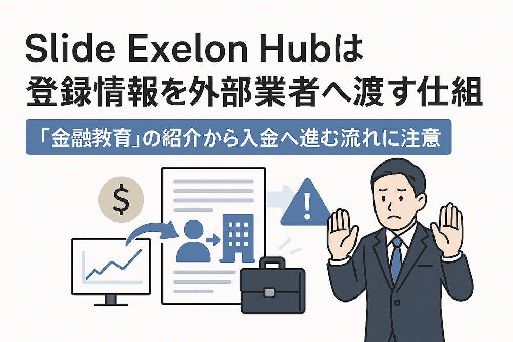 Slide Exelon Hubは登録情報を外部業者へ渡す仕組み 「金融教育」の紹介から入金へ進む流れに注意