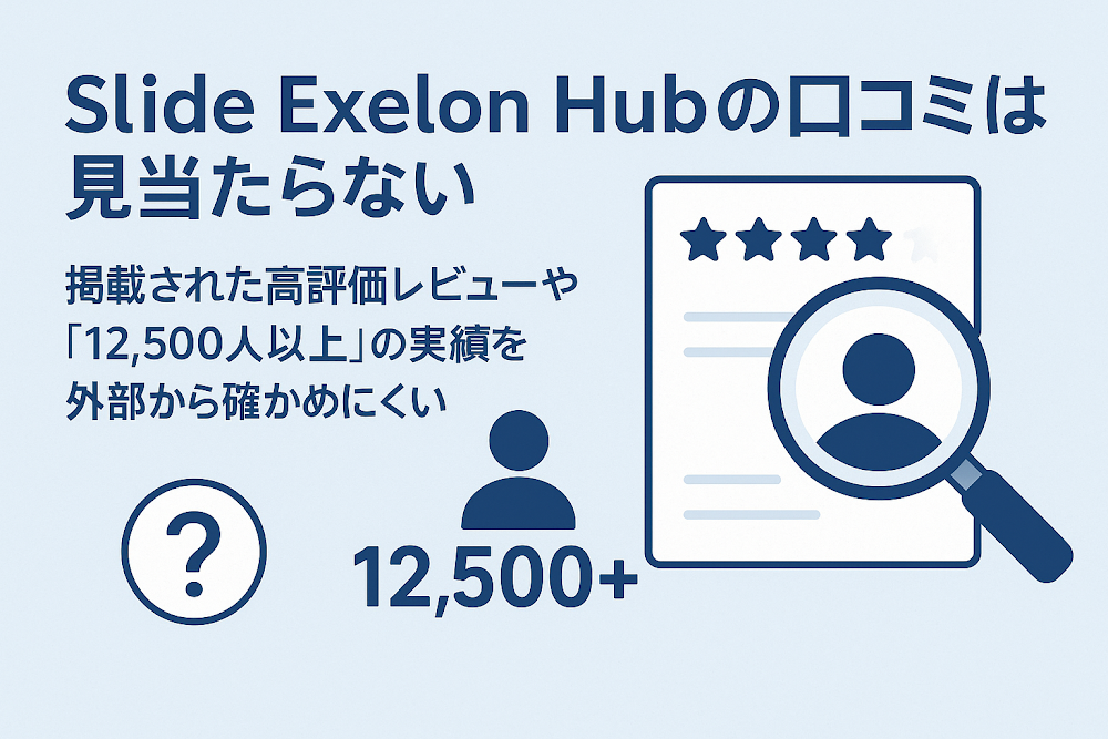 Slide Exelon Hubの口コミは見当たらない 掲載された高評価レビューや「12,500人以上」の実績を外部から確かめにくい