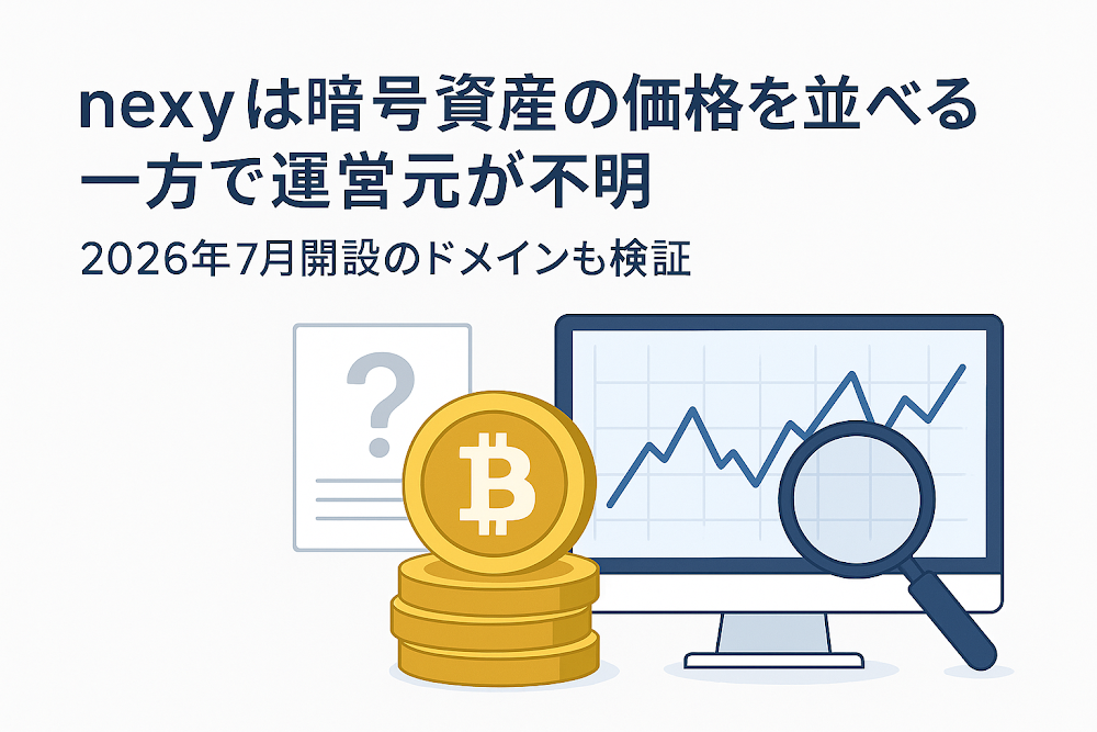 nexyは暗号資産の価格を並べる一方で運営元が不明 2026年7月開設のドメインも検証