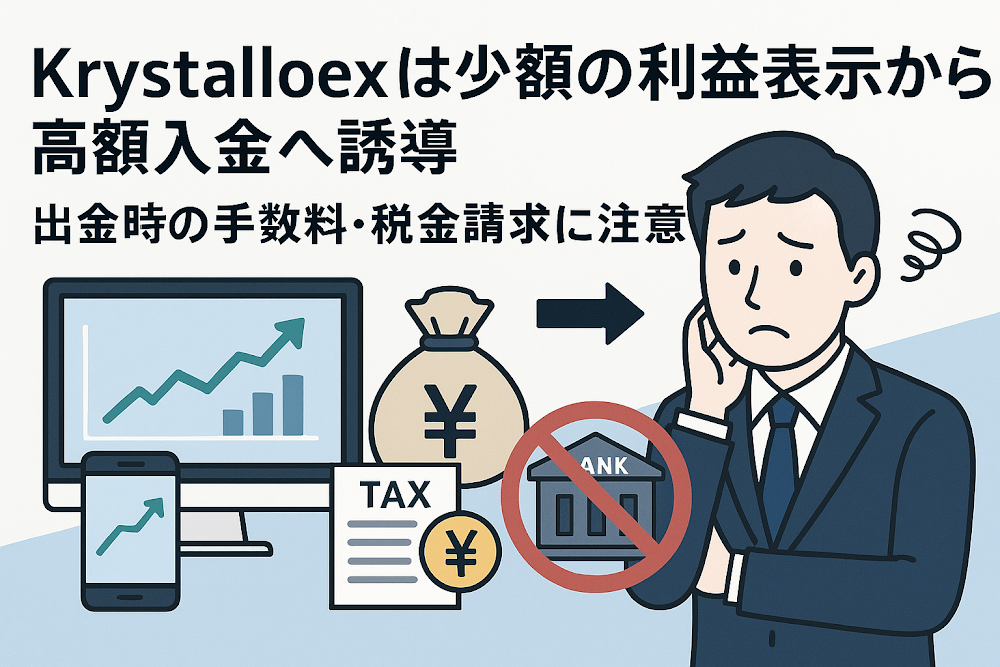 Krystalloexは少額の利益表示から高額入金へ誘導 出金時の手数料・税金請求に注意