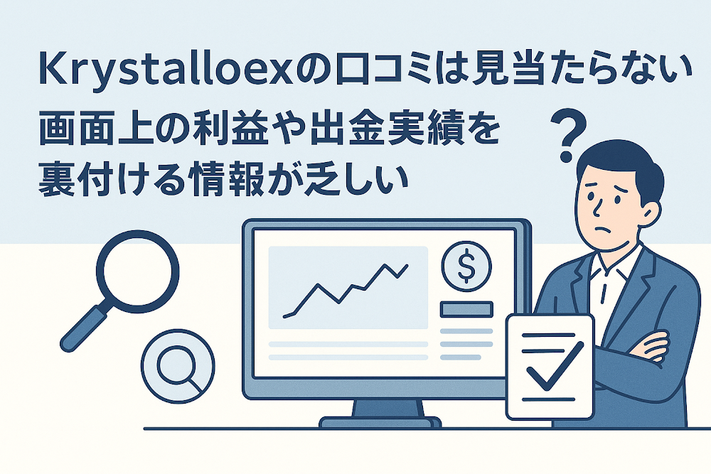 Krystalloexの口コミは見当たらない 画面上の利益や出金実績を裏付ける情報が乏しい
