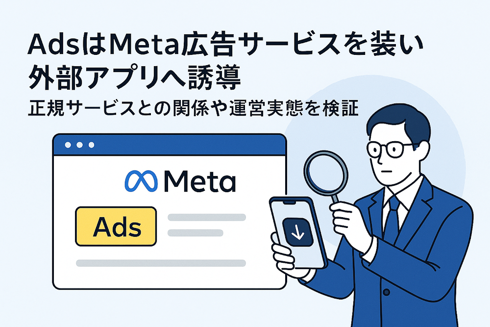 AdsはMeta広告サービスを装い外部アプリへ誘導　正規サービスとの関係や運営実態を検証
