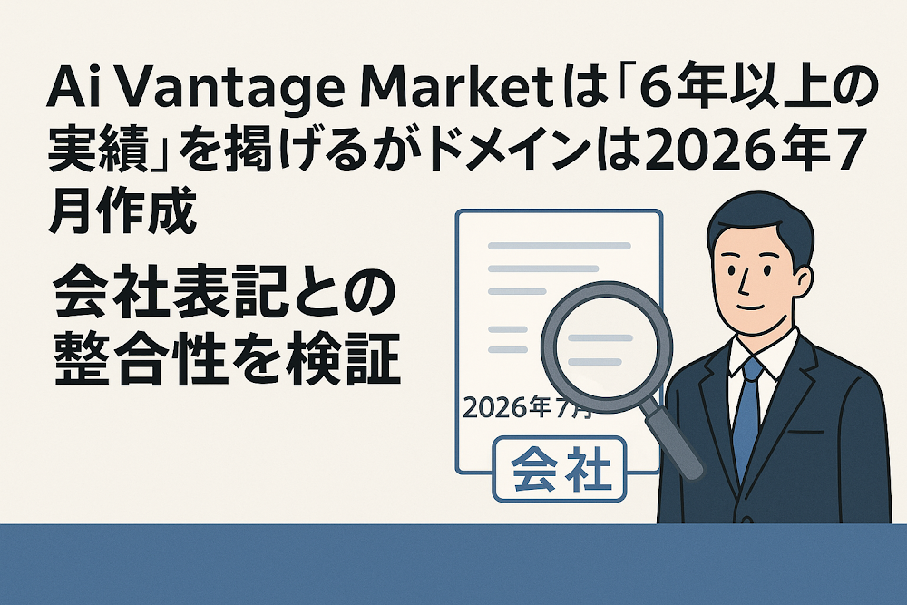 Ai Vantage Marketは「6年以上の実績」を掲げるがドメインは2026年7月作成 会社表記との整合性を検証