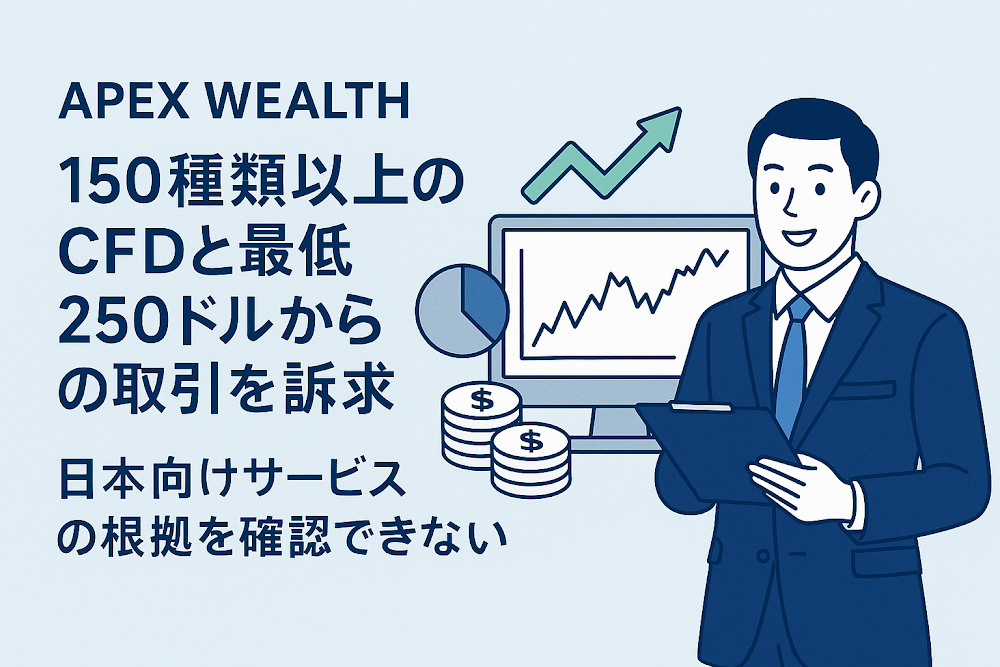 APEX&nbsp;WEALTHは150種類以上のCFDと最低250ドルからの取引を訴求　日本向けサービスの根拠を確認できない