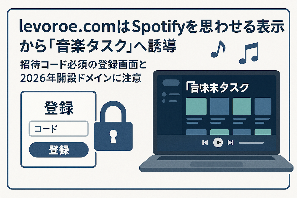 levoroe.comはSpotifyを思わせる表示から「音楽タスク」へ誘導　招待コード必須の登録画面と2026年開設ドメインに注意