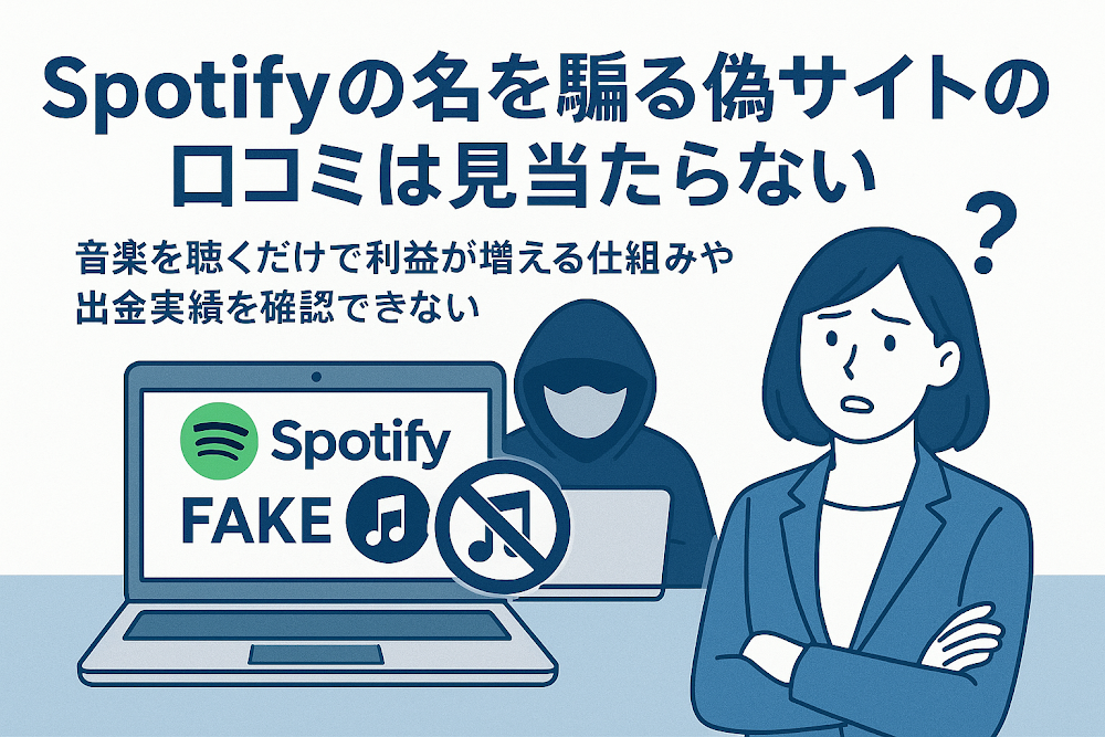 Spotifyの名を騙る偽サイトの口コミは見当たらない　音楽を聴くだけで利益が増える仕組みや出金実績を確認できない