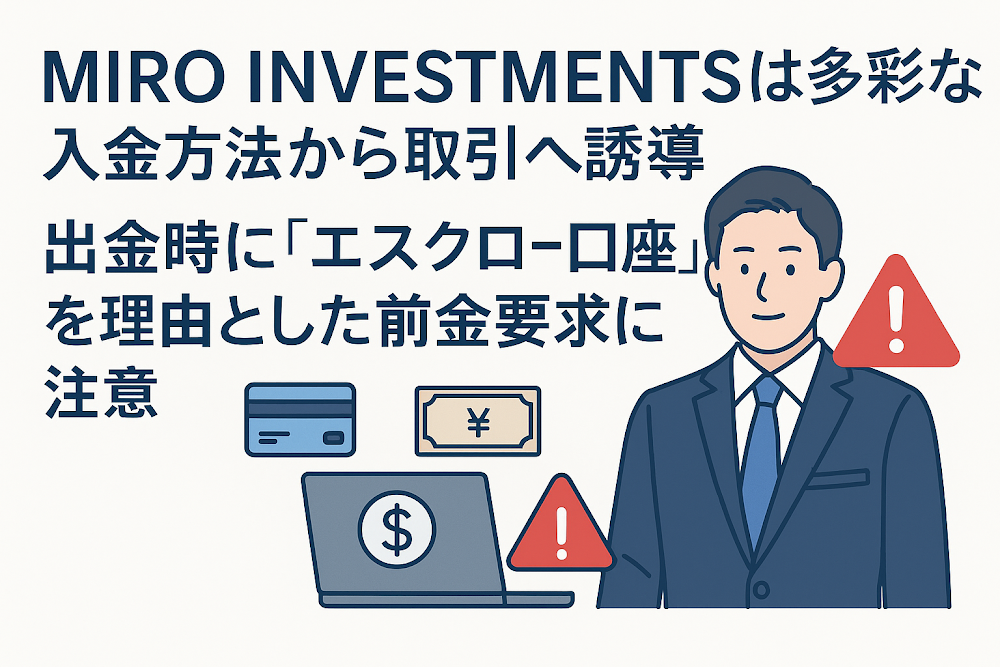 MIRO&nbsp;INVESTMENTSは多彩な入金方法から取引へ誘導　出金時に「エスクロー口座」を理由とした前金要求に注意