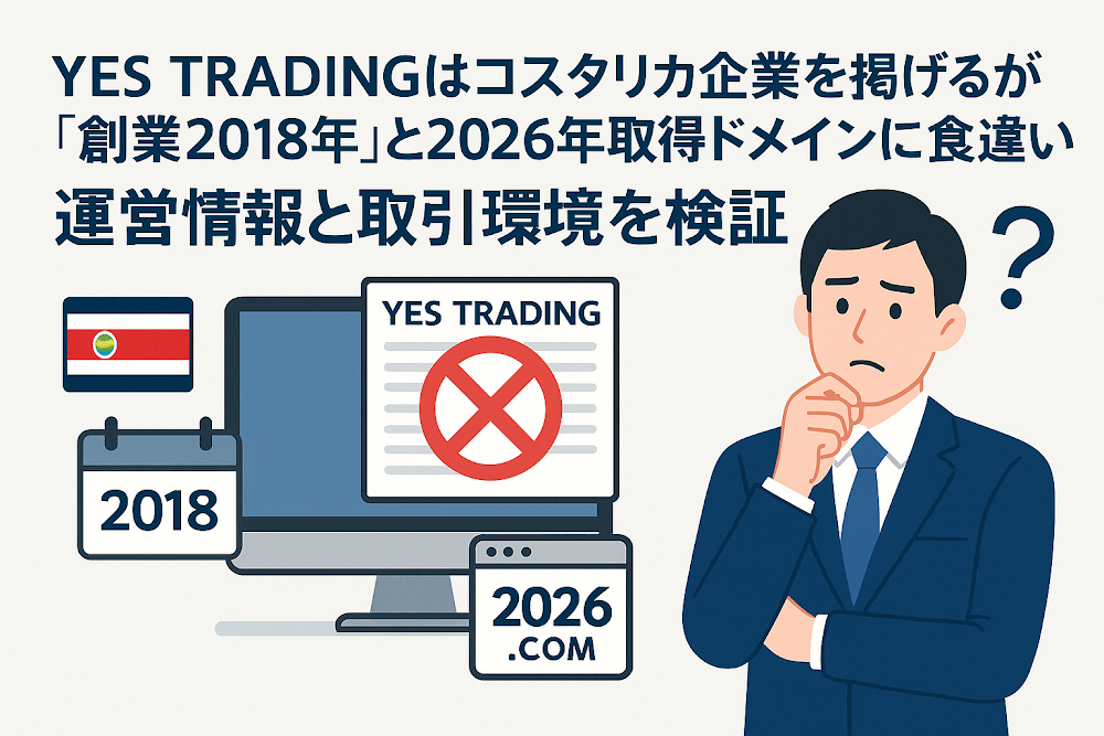 YES TRADINGはコスタリカ企業を掲げるが「創業2018年」と2026年取得ドメインに食い違い 運営情報と取引環境を検証