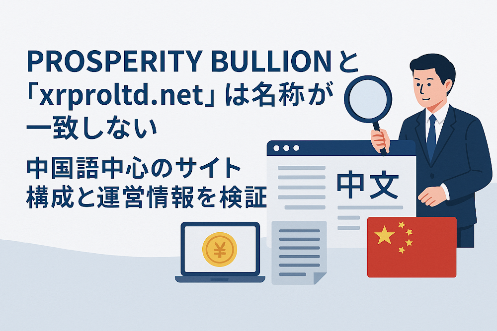 PROSPERITY BULLIONと「xrproltd.net」は名称が一致しない　中国語中心のサイト構成と運営情報を検証
