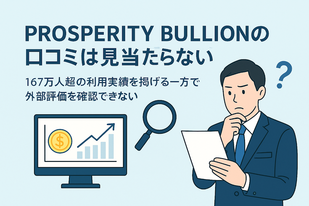 PROSPERITY&nbsp;BULLIONの口コミは見当たらない　167万人超の利用実績を掲げる一方で外部評価を確認できない