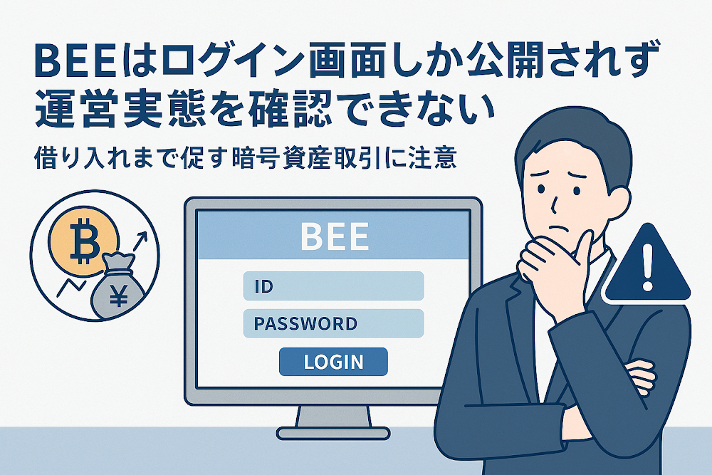 BEEはログイン画面しか公開されず運営実態を確認できない 借り入れまで促す暗号資産取引に注意