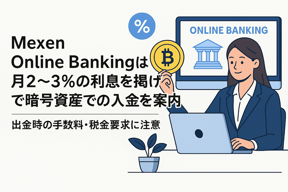 Mexen Online Bankingは月2〜3%の利息を掲げて暗号資産での入金を案内 出金時の手数料・税金要求に注意