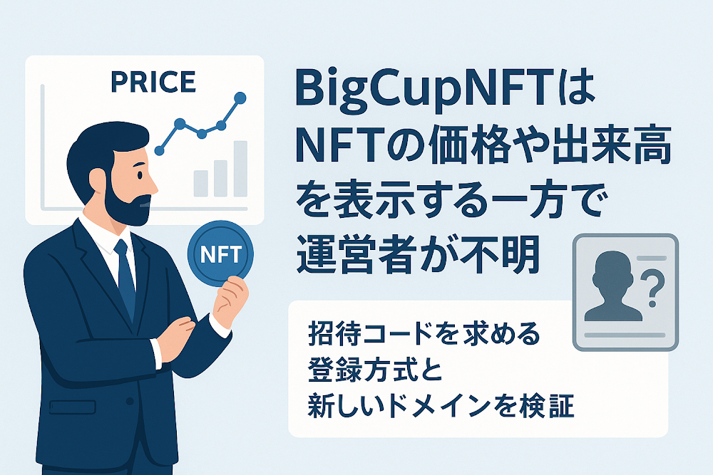 BigCupNFTはNFTの価格や出来高を表示する一方で運営者が不明　招待コードを求める登録方式と新しいドメインを検証